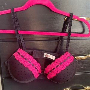 Black and pink lace and polka dot bra